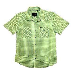 Hurley Mens Shirt Yellow Blue‎ L Plaid Short Sleeve Collared Snap Button